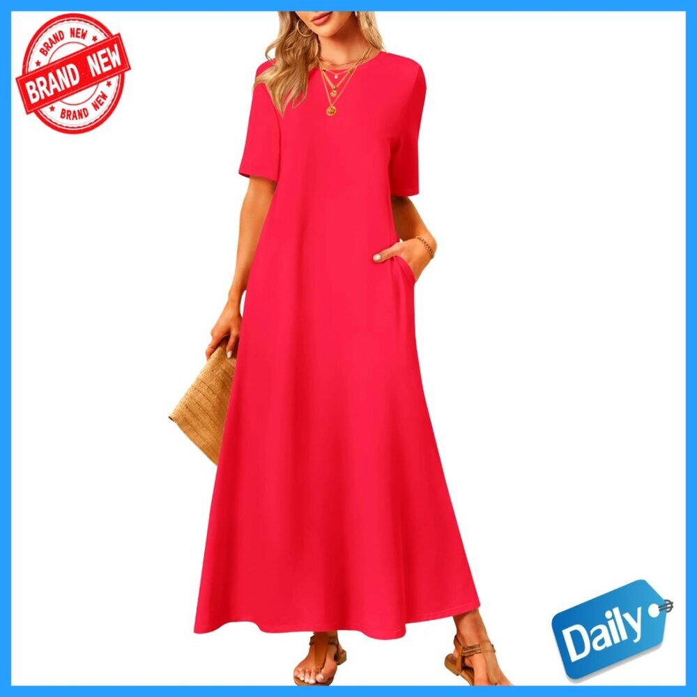 Maxi Dress Casual Long T-Shirt Sundress with Pockets Summer Spring Beach